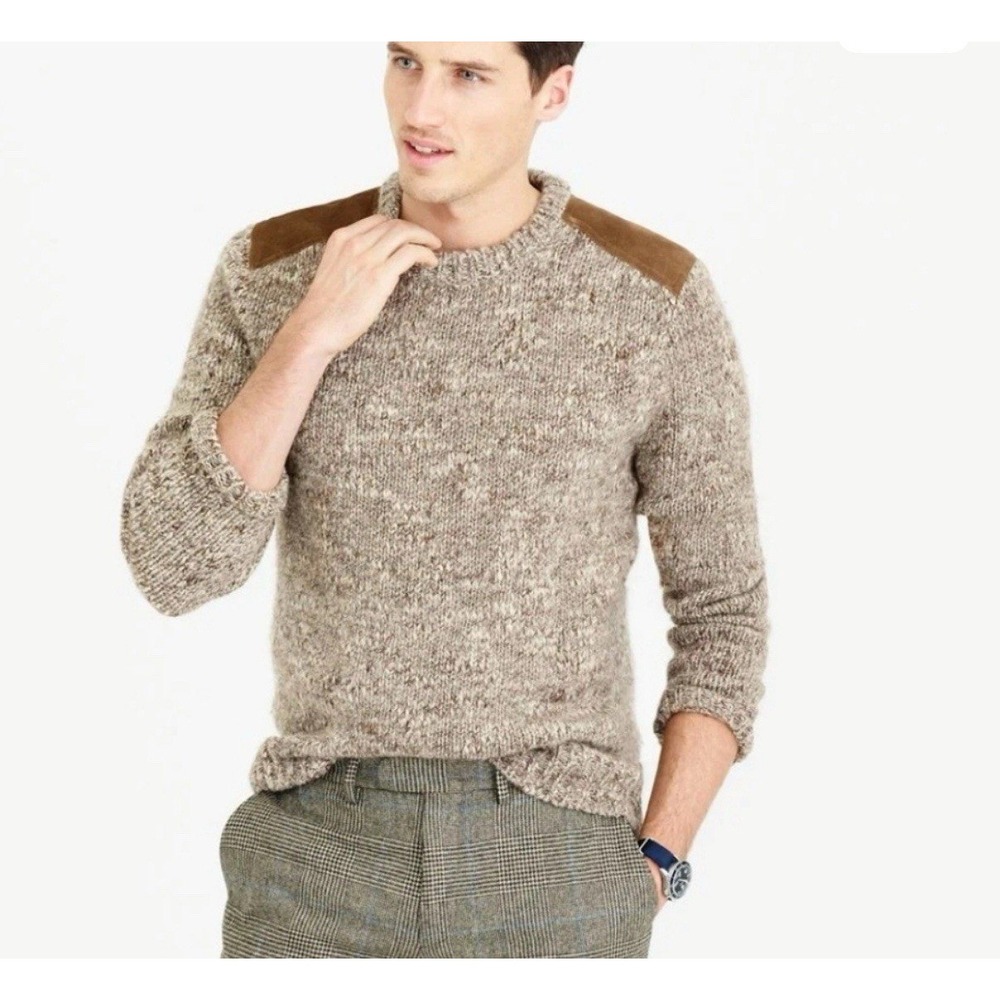 J.Crew Mens Wool Alpaca Blend Marled Sweater Leather Shoulder Patches Brown S